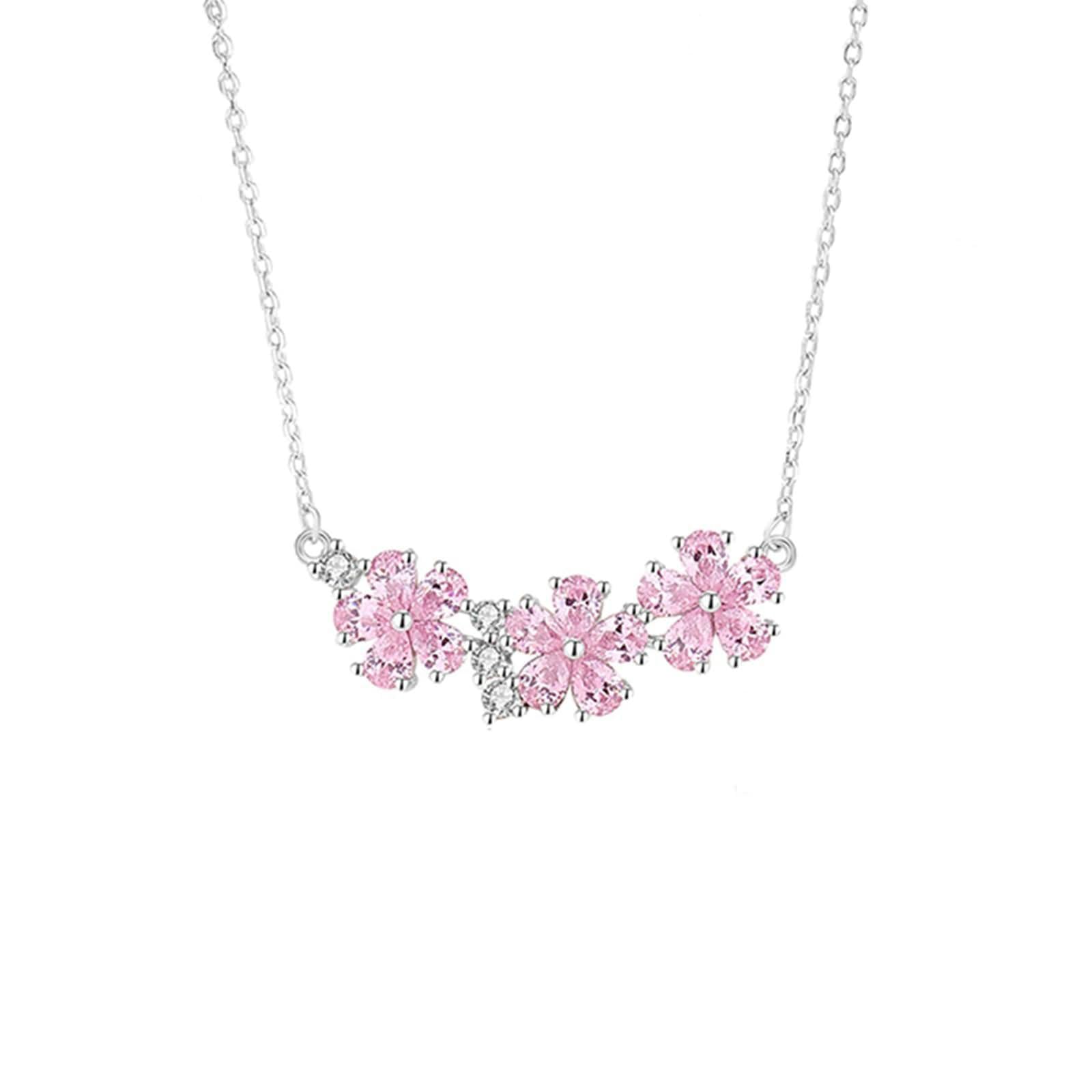 Collar de platino con colgante para mujer, colgante de flores con zafiro rosa y moissanita, collar de boda, cadena de oro blanco, 45 cm