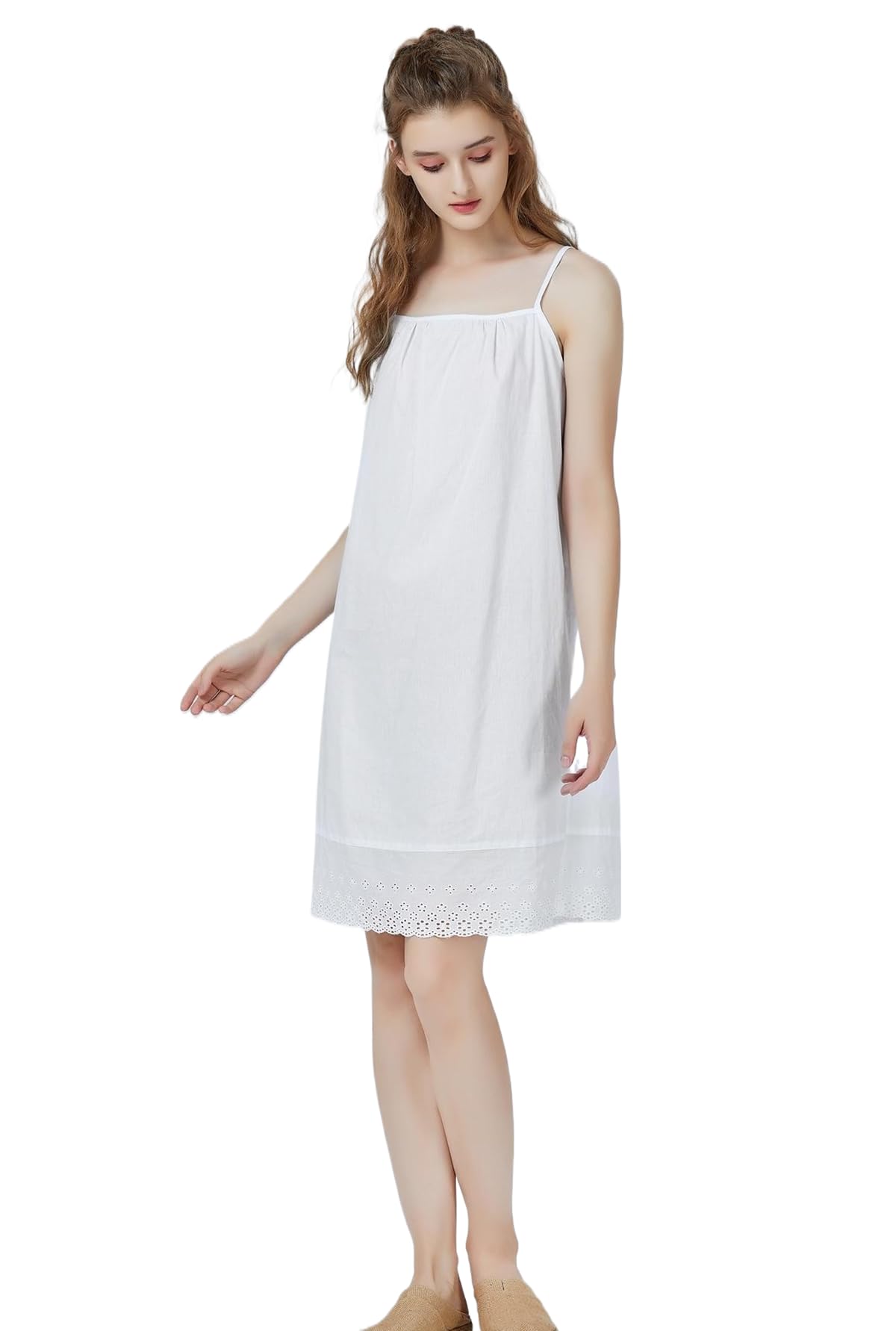 Women’s Full Slip 100% Cool Cotton Underskirt Petticoat For Under Dress Summer Straight Strappy Nightdress Victorian Nghtie Chemise With Madeira Embroidery Knee Length Ivory