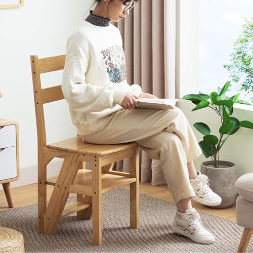 Escalera plegable de madera con 4 peldaños y taburete multiusos para el hogar 8