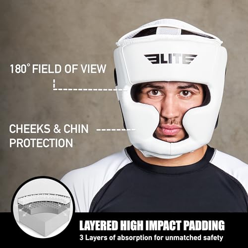 Elite Sports Best Boxing Headgear, Training Sparring Safety Head Guard for MMA, Kickboxing Trainees, Muay Thai, and Boxing for Adult Men (White)