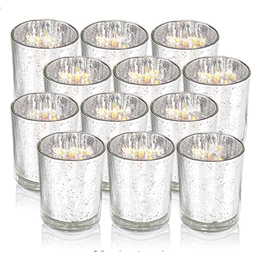 Silberne Votivkerzenhalter, Quecksilberglas, Teelichthalter, Set mit 12 Stück, perfekte Tafelaufsätze für Hochzeit, Party, Heimdekoration (Silber) Cover