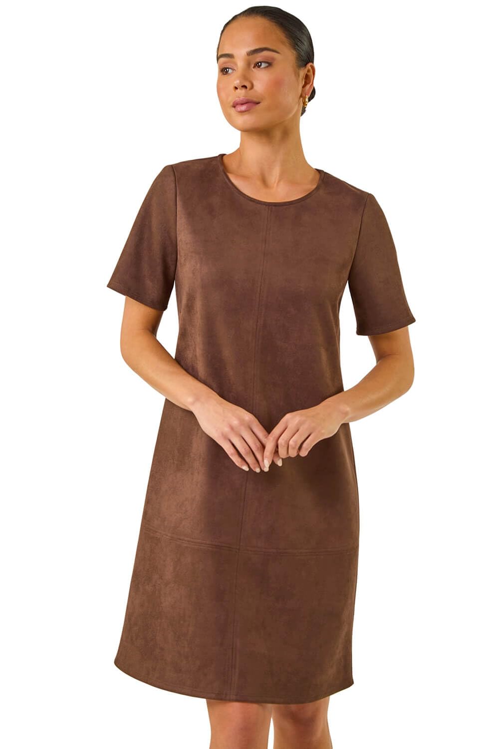 Roman Petite Faux Suede Shift Dress for Women UK - Ladies Everyday Autumn Winter Round Neckline Comfy Soft Evening Vacation Work Party Night Out - Chocolate - Size 18