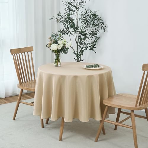 Image of maxmill Round Weaved Texture Design Tablecloth Spill-Proof Wrinkle Free Soft Washable Table Cloth for Circular Table Cover, for Dining Room Buffet Banquet Parties Holiday Dinner, 70 Inch Natural
