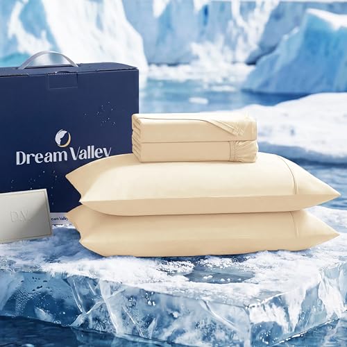 Image of Dream Valley Cooling Sheets Queen Size, Cooling Fitted Breathable Bed Sheets & Flat Sheet with 2 Pillowcases-4 PCS for Night Sweats & Hot Sleepers, Q-Max >0.45 Aerocool, Deep Pocket 16 inch, Light Beige