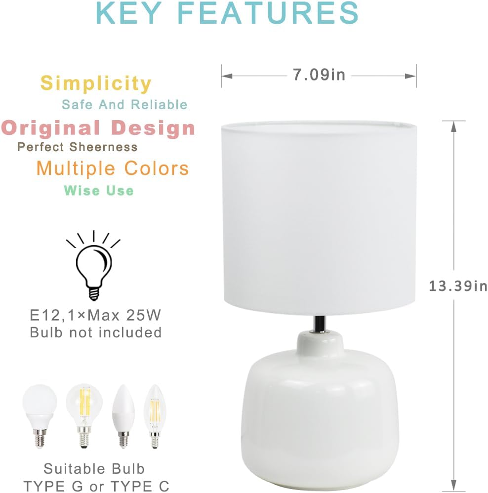 Lampwell Oslo Small Ceramic Table Lamp for Living Room and Bedroom,Modern Kids Night Table Lamp,Φ7.09×H13.39IN,Bulb Excluded,Off White
