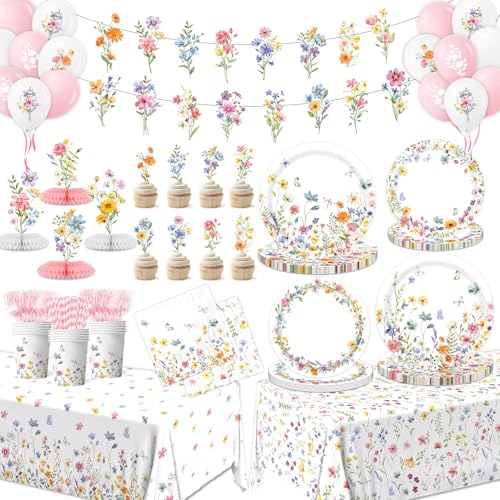 193Pcs Spring Wildflower Party Decorations Include Plates, Napkins, Cups, Balloons, Banner, Tablecloth, Cake Toppers, Honeycombs for Floral Birthday Baby Shower Party, Serve 24