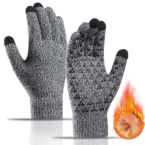 HIHIDAY 2 Pairs of Winter Knit Gloves for Men and Women with Upgraded Touch Screen - Anti-Slip Glove Fleece Lined for Winter Outdoor Sports One Size Grey