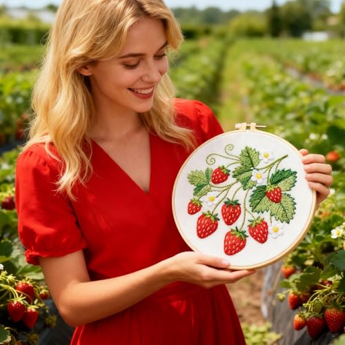 Image of BEUNITONE 4 Set Strawberry Embroidery Kit for Adult Beginners 7.9 inchx7.9 inch DIY Stamped Needlepoint Kits with Pre-Printed Designs, Complete Handmade Embroidery Craft for Relaxing Hobby and Home Decor