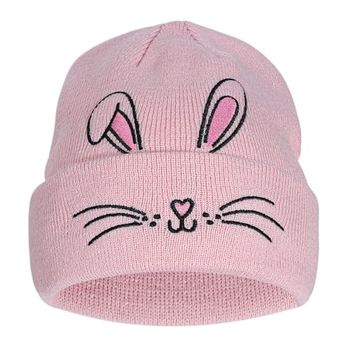 Kids Girls Knit Hats Cute Rabbit Embroidery Warm Cuffed Skull Caps Classic Autumn Winter Beanies Hats Gifts for Aged 7-12 Y