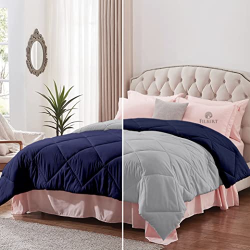 Image of Filbert - Single Bed Comforter for Winter 300 GSM Reversible Microfiber Soft & Cozy Diamond Stitch Quilt (60 inch x 90 inch Inches /152cm x 228cm) - Comforter Single Bed|Silver /Navy Blue