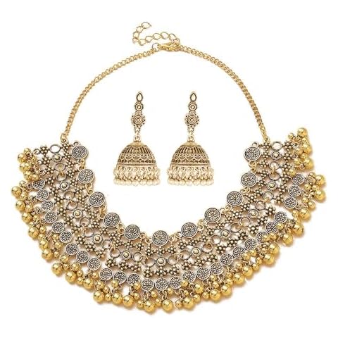 Indian Bollywood Traditional Jhumka Jewellery Set for Women Large Big Tassel Beaded Kundan Ethnic Wedding Wear Party Festival Choker Necklace Earrings Maang Tikka Traditional Antique Jewelry (Golden) Cover