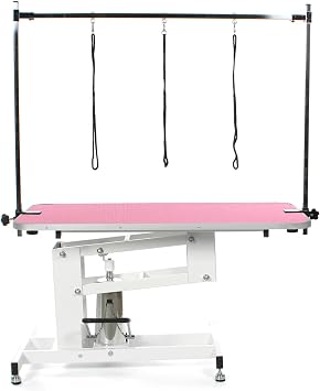 Large Professional Heavy Duty Hydraulic Dog Grooming Table with H Bar Pink
