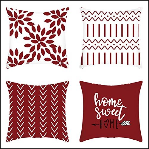 Kissenhülle Baumwoll Leinen Quadratischer Dekokissen Doppelseitiger Zierkissenbezüge Dekorative Kissenbezüge für Home Schlafzimmer Auto Dekor,4 Stück 65x65cm(Moderne rote geometrische Blumen) F79 Cover