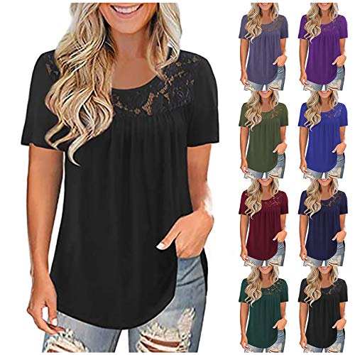 FQZWONG Short Sleeve Lace Tops for Women,Plus Size Fashion Summer Crew Neck Casual Tunic Tops Solid Color Pleated Loose Lace Floral Basic Western Shirts Blouses Going Out Tops(A Green,XX-Large)