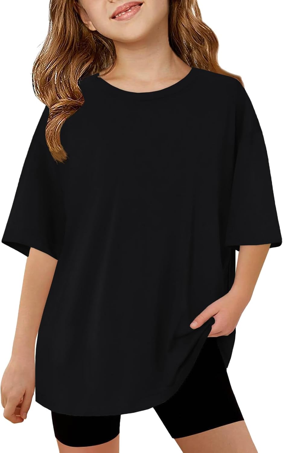 ZDC Girls Short Sleeve T Shirts Kids Summer Oversized Tops Trendy Crewneck Basic Tees 5-14 Years Black