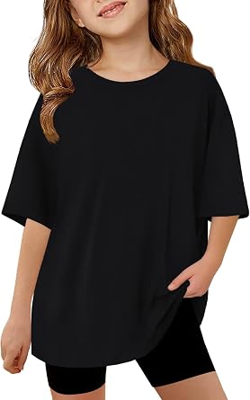 ZDC Girls Short Sleeve T Shirts Kids Summer Oversized Tops Trendy Crewneck Basic Tees 5-14 Years