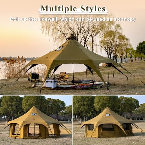 Image of TOMOUNT Canvas Bell Tent Wall Tent with Stove Jack for Camping Glamping Yurt Dia.16.4ft*9.2ft