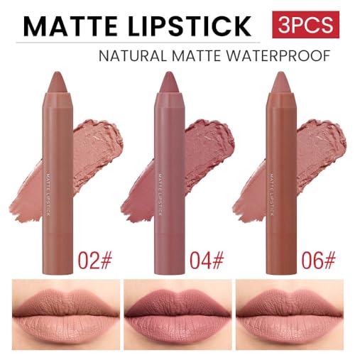 Suake 3 Colors Matt Nude Lipstick Lipliner Lip Crayons Pack Set,Velvet Moisture Smooth Matte Lipstick Pencils,Waterproof&Waterlasting,#02#04#06 thumb #1