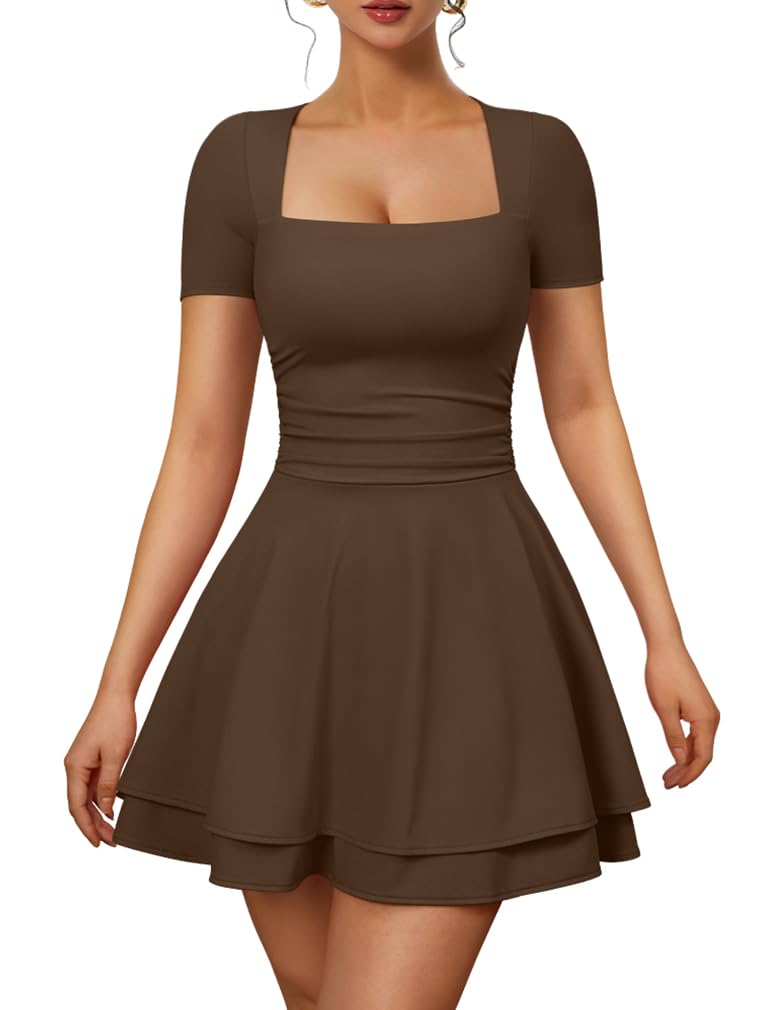 XXTAXN Womens Sexy Square Neck Short Sleeve Flowy Club Mini Dress | Ruched Tiered, Ruffle Hem,Party Cocktail Birthday,Graduation Homecoming,Wedding Guest.Vacation Valentines Halloween, Church