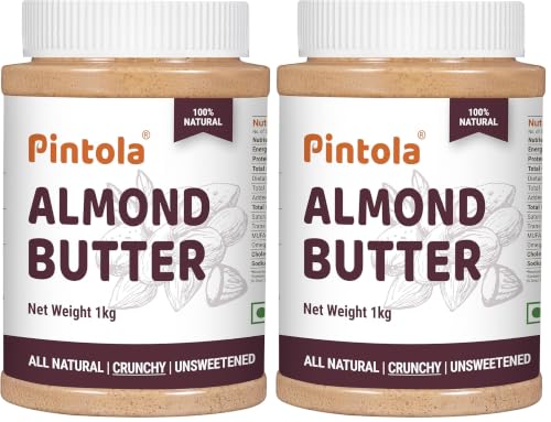 Image of Pintola Almond Butter Crunchy 1kg - All Natural Unsalted Butter, Healthy Almond Butter Unsweetened for Bread Spreads, Vegan (Pack of 2)