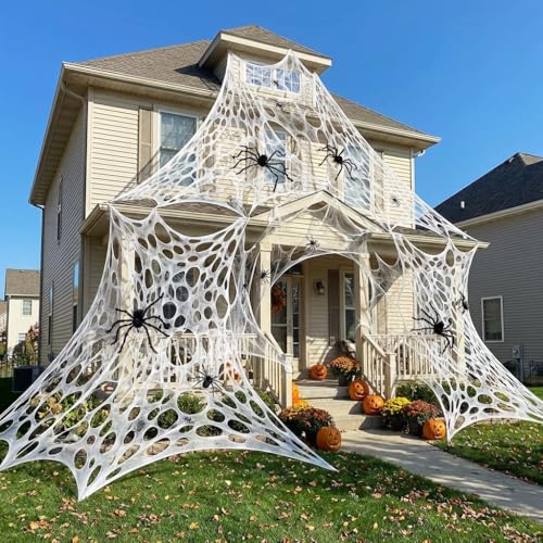 1000 SqftAfter Streched with HolesUncut Giant DIY Spider Web Halloween Decorations Outdoor with 10 Ground Nails Stretchy Beef Cloth Netting Cut-Your-Own Flexible Elastic for Yard Party Decor