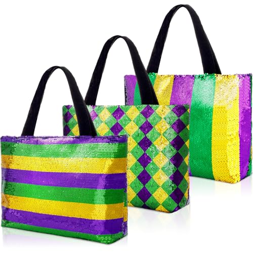 NFAMRZCAR 3 Pcs Mardi Gras Sequin Tote Bags - Purple Green Gold Three Colors Carnival Canvas Shoulder Bags for Festive Celebrations Parades & Daily Use