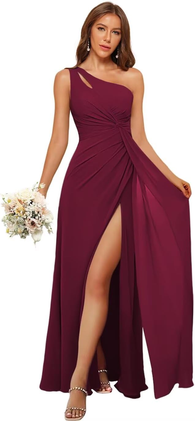 Clothfun One Shoulder Simple Chiffon Bridesmaid Dress Long Empire Waist Formal Dresses CYN003
