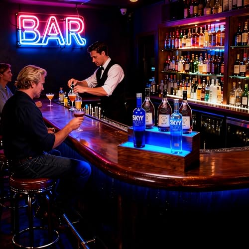 B4Life Liquor Bar Bottle Display Shelf, 2 Tier Real Wood Bar Shelves for Liquor Bottles, Bar Shelf for Liquor, Liquor Shelf for Home Bar Liquor Shelves Bottle Display (LED Lighted Bar Shelf-1)