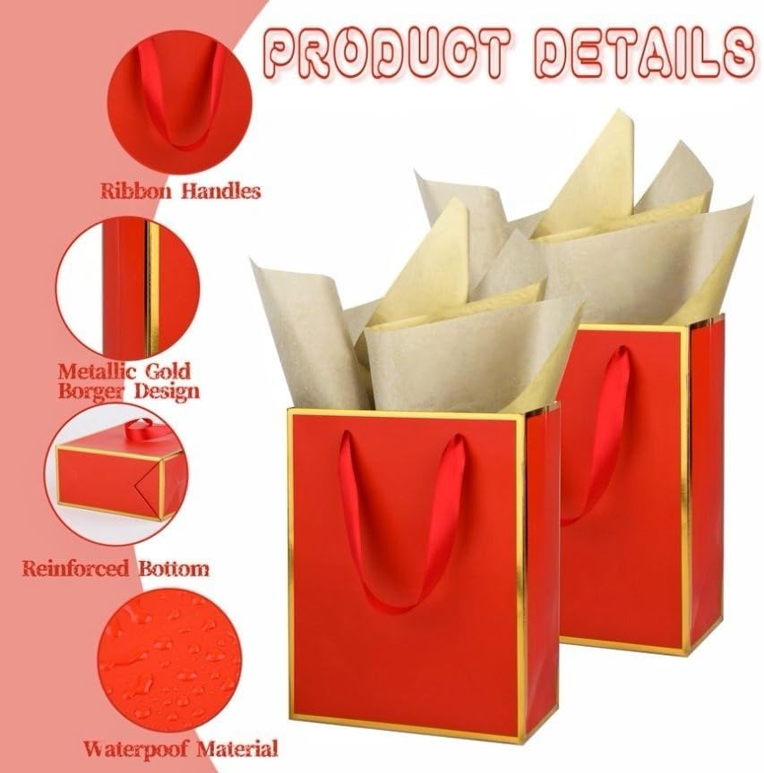UoeRing 25 Pack Thank You Gift Bags with Handles 9.5x7.5x3.75 inch Gift Bags Medium Size Gift Bag with Tissue Paper and Card for Wedding Birthday Bridesmaid Holidays Mother's Day (Red Gold) - Image 4