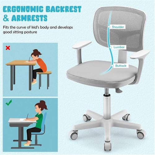 Image of Pemberly Row Kids Study Chair, Adjustable Height 31.5 inch-36 inch, Mesh Back, Padded Armrests, Auto Brake Casters, Y-Shaped Lumbar Support, Swivel Seat, Gray Upholstery, Comfortable Chair for Children