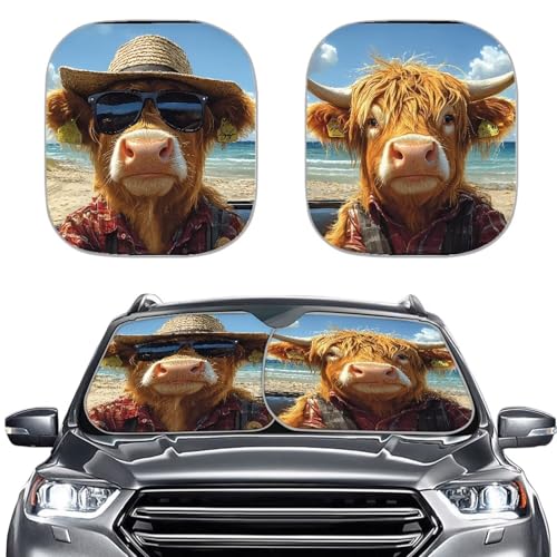 Image of Cool Highland Cow Car Sun Shade 2 Pack Sun Shield Blocks UV Rays Easy to Install Car Truck SUV Windshield Sun Shade