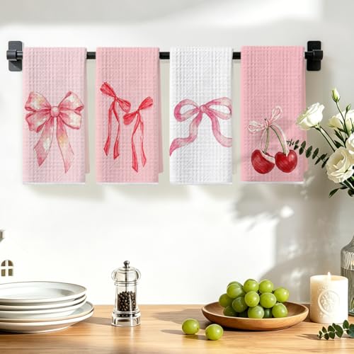 Image of 4 Pcs Pink Bow Hand Towels 24x14 Inch, Bows Decor Reusable Tea Towels