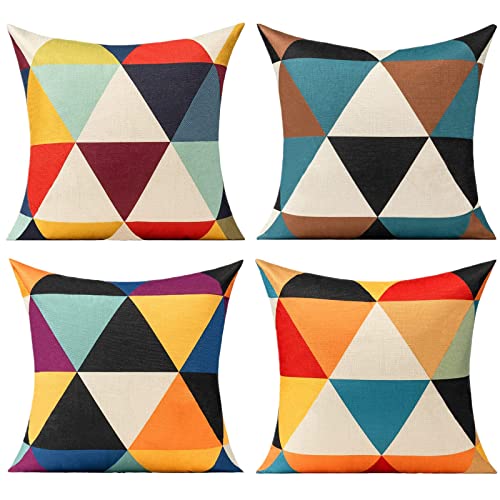 All Smiles Outdoor Throw Pillow Covers Fall Decor Patio 24x24 Set of 4 Colorful Modern Cushion Cases Cojines Couch Sofa Decoration Porch for Home Living Room Geometric Triangle Orange Yellow