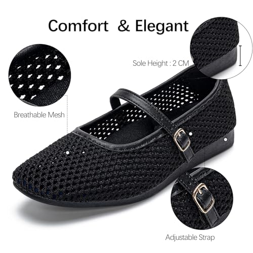 Image of Buyrew Women's Mary Jane Flats Breathable Mesh Square Toe Ballet Flats with Arch Support Washable Non Slip Casual Dress Shoes for Work Office