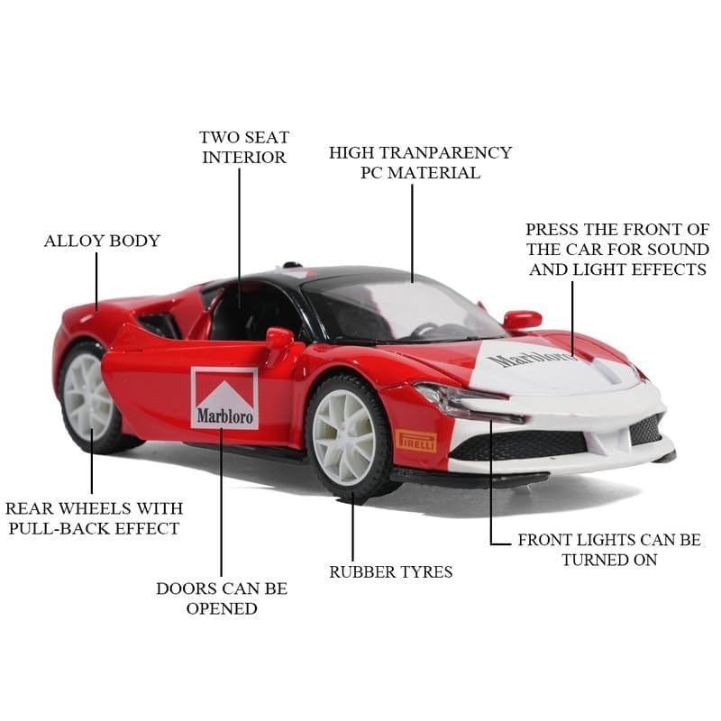 Image of WORSHIPER Ferrari MARBLORO Model Car 1:32 Exclusive Alloy Metal Pull Back Die-cast Car Die-cast Metal Pullback Toy car with Openable Doors & Light Music