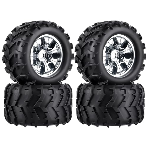 HobbyPark Pre-Glued 1/8 RC Truck Tires and Chrome Wheels 17mm Hex Hubs for Traxxas Maxx Tmaxx E-Revo...
