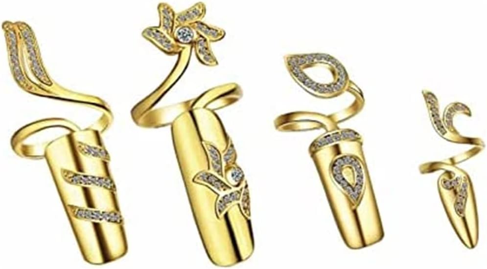 SYOSI Opening Crystal Fingernail Ring, Adjustable Rhinestone Nail Decoration Flower Finger Tip Rings, Decoration Art Charm Fashion Accessories, for Women Girls Gold Plated, 4PCS