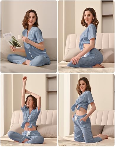 Image of NAP BOUND 100% Cotton Women's Pajama Sets Short Sleeve Button Down Soft Pjs 2 Piece Lounge Set with Pocket Nightwear XS-XXL
