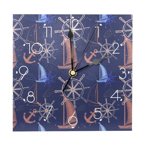 Orologio da parete quadrato con bussola, barca a vela, nave, ancora, a batteria, silenzioso, senza ticchettio, orologio da parete in legno, per decorazione soggiorno