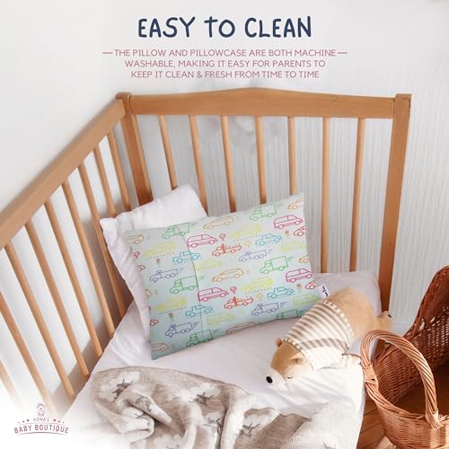 Image of Blue Cars - Kona's Perfect Childrens Pillow with Softest Toddler Pillowcase - 13 x 18 inch Toddler Pillow - 2 Year Old,