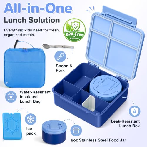 Image of Bento Lunch Box with 8oz Soup Thermo,Kids Leakproof 4 Compartment Lunch Food Containers with Sauce Cup and Ice Pack,Kids Thermo Insulated Hot Food Jar and Lunch Bag for School,Trvael-Blue