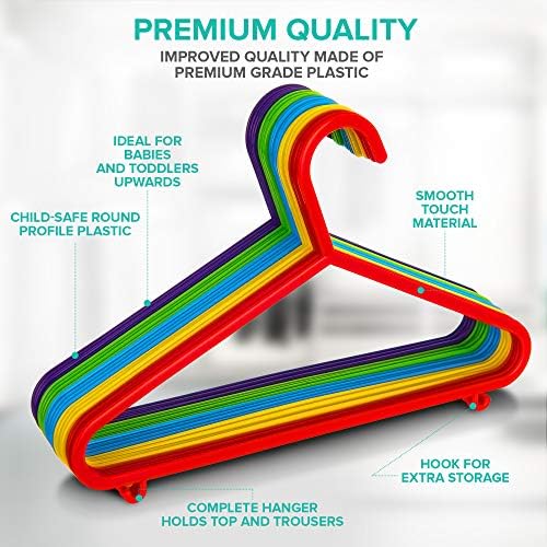 LIVIVO Children Baby Kids Hangers - Pack of 40 - Made From Strong Child-Safe Non-Toxic Plastic with Rounded Edges, 2 Hooks for Extra Storage (Multicoloured)
