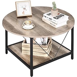 YITAHOME Round Coffee Table with Storage Shelf, 2-Tier Industrial Sofa End Side Table, Wooden Snack Tea Table Cocktail Coffee Table for Living Room Hallway Bedroom, Sturdy Metal Frame, 80 x 80 x 46cm