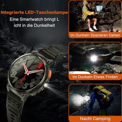 Smartwatch Herren, 1.85''HD Großbildschirm Smartwatch mit LED-Taschenlampe, Telefonfunktion/730mAh/IP68 Wasserdicht, 120+ Sportmodi Fitness Watch mit Herzfrequenz, Schlafmonitor für Android iOS – Bild 4