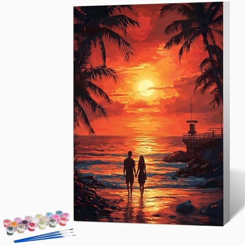 数字油絵 日没 ペイントバイナンバー 風景, ナンバーペイント大人のDIYセット(ブラシとアクリル絵の具を含む)、クリエイティブな手作りの油絵セット、女性へのデジタル絵画ギフト、壁の装飾 40×60cm -WX2510179