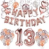 HOWAF Rose Gold 13. Geburtstag deko für Mädchen und Jungen, 59 Stück Happy Birthday Girlande Banner Luftballons Set Helium Folie Herz Ballon für 13 Geburtstag Dekoration