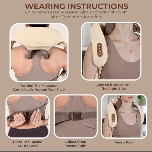 Image of 6D Neck & Back Massager with Heat | Wearable Electric Deep Tissue Massager for Neck, Shoulder, Back, Waist & Legs | 4D Shiatsu Kneading, 6 Massage Heads, 5 Modes & 3 Speeds | Cordless, Rechargeable, Pain Relief & Relaxation Therapy (Beige)