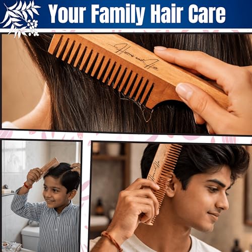 Image of Humus & Hue Premium Oil Treated Kachhi Neem Wooden Comb Set Pack of 2, Neem Comb for Hair Growth, Hair fall & Dandruff Control, Detangling comb, anti static Wooden Hair Comb for Women and Men | Dual & wide tooth comb handle