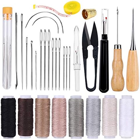 32 Pcs Leather Sewing Kit, Upholstery Repair Kit with 8 Colors Sewing Thread, Leather Sewing Needles, Awl, Scissors, and Seam Ripper, Leather Stitching Kit for Leather Sewing Repair Bookbinding Cover