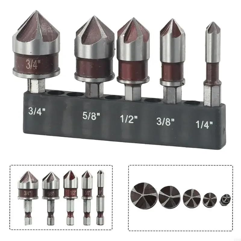 Juego de brocas avellanadoras 5 uds., 1/4 ", 3/8", 1/2, 5/8", 3/4, desbarbado avellanadas con vástago hexagonal for madera, Metal y plástico